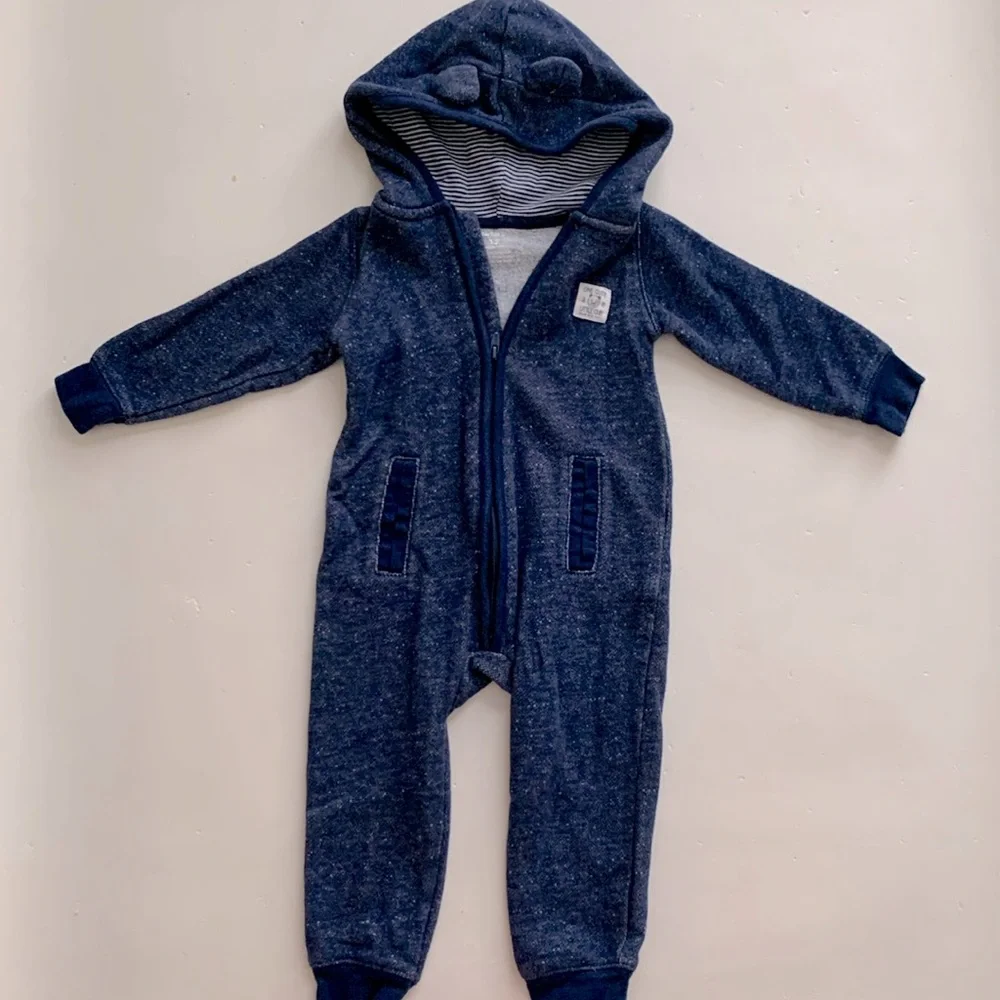 Carter’s Blue Bear Hooded Long-Sleeve Jumpsuit Boys 12 Months